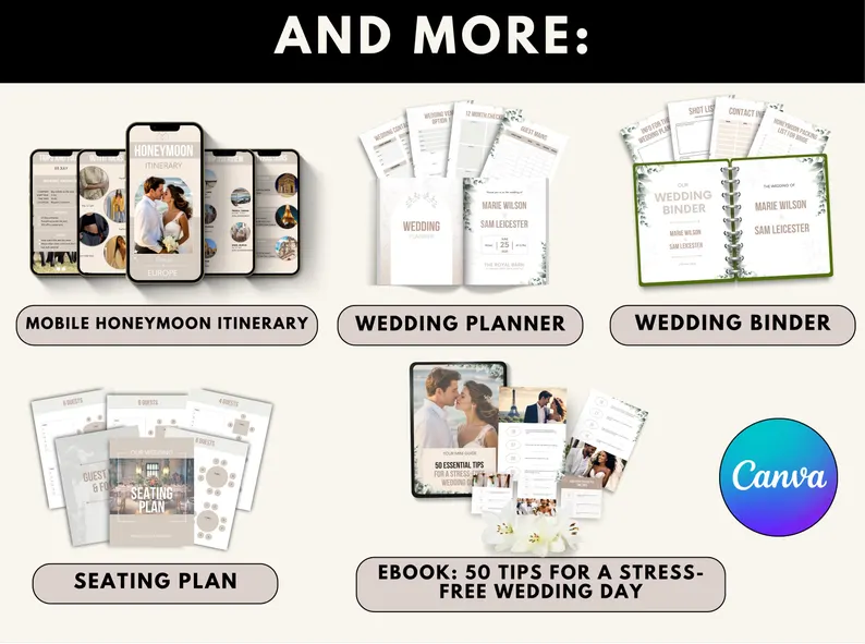All-in-One Wedding Planner Bundle-Editable Canva Templates (Itinerary, Seating Plan, Cards & More)