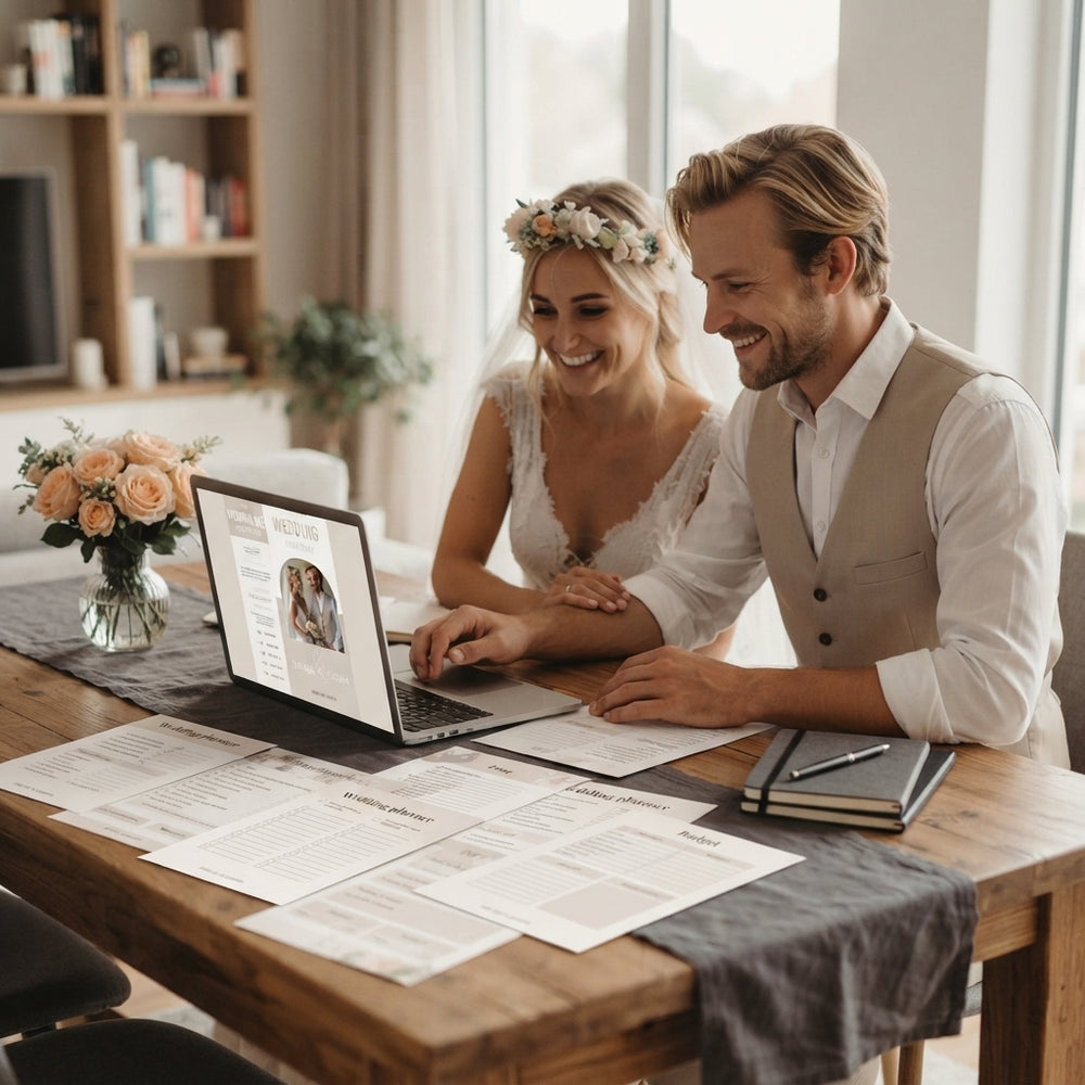 A couple happily planning their wedding using digital and printed templates at a table with peach flowers and organized stati