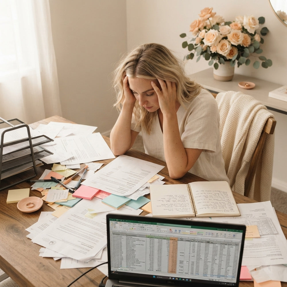 A bride looking overwhelmed at a desk cluttered with disorganized wedding planning papers and notes.